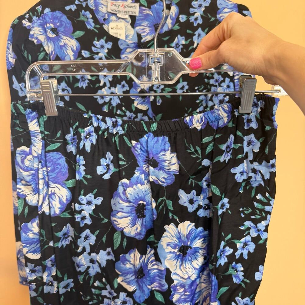 NWT vintage Tracy Richards 16 petite 2 piece blouse & skirt set floral blue - Picture 4 of 9